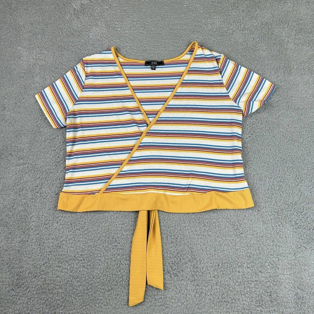 Vibe Sportswear Top Women Plus Size 2X Multicolored Yellow Stripes V Neck Casual